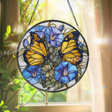 Butterfly Stained Glass Suncatcher, Round Window Panel with Blue Morning Glories, Floral Garden Nature Hanging Home Decor Gift