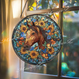 Horse Stained Glass Suncatcher, Round Window Panel with Sunflowers and Butterflies, Colorful Floral Nature Equestrian Home Decor Gift