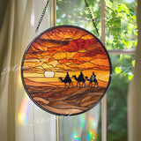 Desert Sunset Stained Glass Suncatcher, Round Window Panel with Camel Caravan Silhouette, Warm Landscape Home Decor Travel Gift