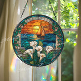 Sailboat Stained Glass Suncatcher, Round Window Panel with Calla Lilies and Sunset Ocean View, Nautical Floral Nature Home Decor