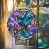 Hummingbird Stained Glass Suncatcher, Round Window Panel with Purple Flowers, Blue Bird Nature Art Hanging Home Decor Gift