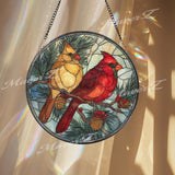 Cardinals Stained Glass Suncatcher, Round Window Panel with Red and Yellow Birds, Pinecones and Berries, Winter Nature Home Decor