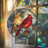 Cardinals Stained Glass Suncatcher, Round Window Panel with Red and Yellow Birds, Pinecones and Berries, Winter Nature Home Decor