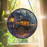 Carriage Stained Glass Suncatcher, Round Window Panel with Vintage Street Lanterns, Victorian Gothic City Scene Home Decor Gift