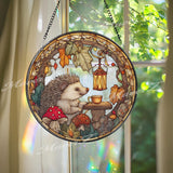 Hedgehog Stained Glass Suncatcher, Round Window Panel with Autumn Leaves, Mushrooms and Lantern, Woodland Animal Home Decor Gift