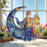 Moon Lady Acrylic Suncatcher, Stained Glass Style Celestial Woman with Lantern Window Hanging, Mystical Night Sky Home Decor Gift