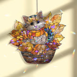 Autumn Cat Acrylic Suncatcher, Stained Glass Style Kitty in Basket with Fall Leaves, Cute Seasonal Window Hanging Home Decor Gift