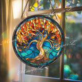Fiery Tree of Life Stained Glass Suncatcher, Round Blue and Orange Window Panel, Spiritual Nature Inspired Glass Art Home Decor Gift