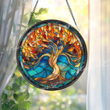Fiery Tree of Life Stained Glass Suncatcher, Round Blue and Orange Window Panel, Spiritual Nature Inspired Glass Art Home Decor Gift