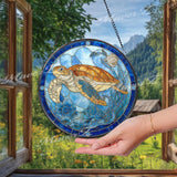 Sea Turtle Stained Glass Suncatcher, Round Ocean Window Panel with Blue Flowers and Coral, Coastal Marine Glass Art Home Decor Gift