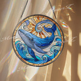 Blue Whale Stained Glass Suncatcher, Round Ocean Waves and Sun Window Panel, Marine Life Nautical Glass Art Coastal Home Decor Gift