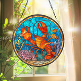 Lobster Stained Glass Suncatcher, Round Ocean Coral Reef Window Panel, Nautical Marine Life Glass Art Coastal Beach House Decor Gift