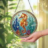 Seahorse Stained Glass Suncatcher, Round Ocean Coral Reef Window Panel, Nautical Marine Life Glass Art Coastal Beach House Decor Gift