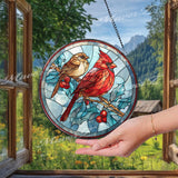 Cardinal Stained Glass Suncatcher, Red Bird and Sparrow Round Window Panel with Holly Berries, Winter Nature Glass Art Home Decor Gift