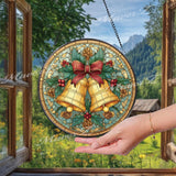 Christmas Bells Stained Glass Suncatcher, Round Holiday Window Panel with Holly, Pinecones and Red Bow, Festive Winter Home Decor Gift