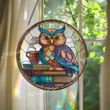 Owl Stained Glass Suncatcher, Round Wise Owl with Books and Coffee Window Panel, Reading Nook Glass Art Gift for Book Lovers and Teachers
