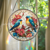 Bluebird Stained Glass Suncatcher, Round Window Panel with Colorful Birds and Flowers, Nature Inspired Glass Art Spring Home Decor Gift
