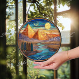 Egypt Pyramid Stained Glass Suncatcher, Round Desert Sunset Window Panel with Travelers and River, Ancient History Glass Art Home Decor Gift