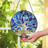 Blue Tree of Life Stained Glass, Round Window Hanging, Spiritual Nature Inspired Glass Art for Home Decor, Ruby Wedding Anniversary