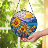 Sunflower Stained Glass Suncatcher, Round Sunset Mountain Window Panel, Bright Floral Glass Art Home Decor Gift for Nature Lovers