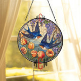 Swallow Birds Stained Glass Suncatcher, Round Window Panel with Bluebirds, Tulips and Wisteria, Nature Spring Home Decor Gift