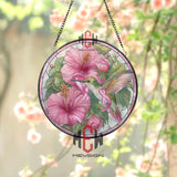 Hummingbird Stained Glass Suncatcher, Round Pink Ribbon Hibiscus Window Panel, Breast Cancer Awareness Floral Home Decor Gift
