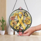 Yellow Ribbon Stained Glass Suncatcher, Round Awareness Window Panel with Butterflies and Flowers, Support and Remembrance Gift
