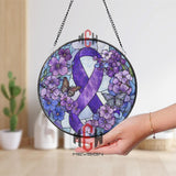 Purple Ribbon Stained Glass Suncatcher, Round Awareness Window Panel with Butterflies and Flowers, Support and Remembrance Gift