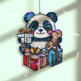 Christmas Panda Acrylic Suncatcher, Stained Glass Style Holiday Ornament with Gifts and Gingerbread Cookie, Cute Winter Window Decor
