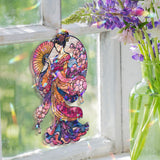 Geisha Acrylic Suncatcher, Stained Glass Style Japanese Woman with Fan and Cherry Blossoms, Elegant Asian Window Panel Home Decor Gift