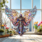 Archangel Warrior Acrylic Suncatcher, Stained Glass Style Angel with Sword and Scales, Spiritual Guardian Window Hanging Religious Decor