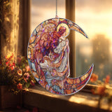 Moon Angel Acrylic Suncatcher, Stained Glass Style Angel with Red Wings and Crescent Moon, Spiritual Window Hanging Religious Home Decor