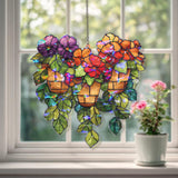 Hanging Flower Pots Acrylic Suncatcher, Stained Glass Style Colorful Blooms and Green Leaves Window Panel, Garden Nature Home Decor Gift
