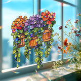Hanging Basket Flower Acrylic Suncatcher, Stained Glass Style Orange Red Purple Blooms with Green Leaves, Garden Window Decor Gift