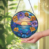 Sunset Ocean Stained Glass Suncatcher, Round Floral Window Panel with Waves and Flowers, Coastal Beach Glass Art Home Decor Gift