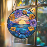 Sunset Ocean Stained Glass Suncatcher, Round Floral Window Panel with Waves and Flowers, Coastal Beach Glass Art Home Decor Gift