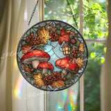 Mushroom Stained Glass Suncatcher, Round Autumn Wreath Window Panel with Pinecones and Lantern, Woodland Nature Glass Art Home Decor Gift