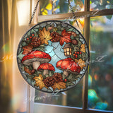 Mushroom Stained Glass Suncatcher, Round Autumn Wreath Window Panel with Pinecones and Lantern, Woodland Nature Glass Art Home Decor Gift