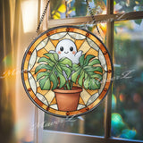 Ghost Monstera Stained Glass Suncatcher, Round Cute Plant Window Panel with Terracotta Pot, Whimsical Halloween Glass Art Home Decor Gift