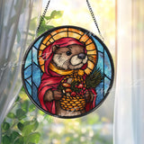 Otter Stained Glass Suncatcher, Round Woodland Animal with Red Cloak and Basket Window Panel, Cute Forest Glass Art Home Decor Gift