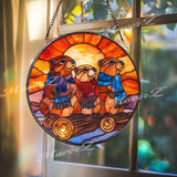 Groundhog Stained Glass Suncatcher, Round Three Marmots with Scarves Window Panel, Cute Animal Glass Art Woodland Nature Home Decor Gift