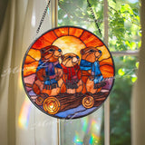Groundhog Stained Glass Suncatcher, Round Three Marmots with Scarves Window Panel, Cute Animal Glass Art Woodland Nature Home Decor Gift