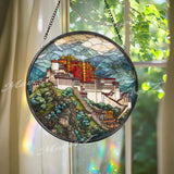 Potala Palace Stained Glass Suncatcher, Round Tibetan Landmark Mountain Window Panel, Travel Architecture Glass Art Home Decor Gift
