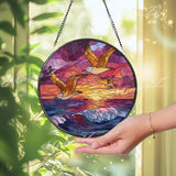 Seagull Stained Glass Suncatcher, Round Ocean Sunset Waves Window Panel, Coastal Nautical Bird Glass Art Beach Home Decor Gift