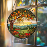 Fruit Tree Stained Glass Suncatcher, Round Orchard Swing Sunset Window Panel, Rustic Farmhouse Nature Glass Art Country Home Decor Gift