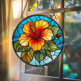 Hibiscus Flower Stained Glass Suncatcher, Round Tropical Floral Window Panel, Bright Red Yellow Bloom Glass Art Garden Home Decor Gift