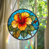 Hibiscus Flower Stained Glass Suncatcher, Round Tropical Floral Window Panel, Bright Red Yellow Bloom Glass Art Garden Home Decor Gift