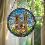Notre Dame Cathedral Stained Glass Suncatcher, Round Paris Landmark Window Panel, Gothic Architecture Travel Cityscape Glass Art Home Decor