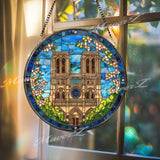 Notre Dame Cathedral Stained Glass Suncatcher, Round Paris Landmark Window Panel, Gothic Architecture Travel Cityscape Glass Art Home Decor