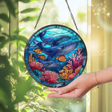 Whale Family Stained Glass Suncatcher, Round Ocean Coral Reef Window Panel, Nautical Sea Life Glass Art Coastal Marine Home Decor Gift